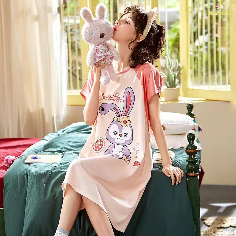 Women's Short Sleeve Cartoon Nightgown - Loose Fit Pajamas for Summer, Spring & Autumn
