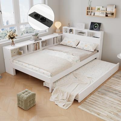 Cama de Madera 120x200 cm con Cama Extraíble 90x190 cm, Cama Blanca con Estante Lateral de Almacenamiento Montable Izquierdo/Derecho, Estante para Cabecero y Estación de Carga