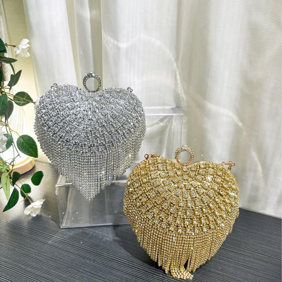 European & American Fashion Rhinestone Heart Handbag - Women's Tassel Evening Bag