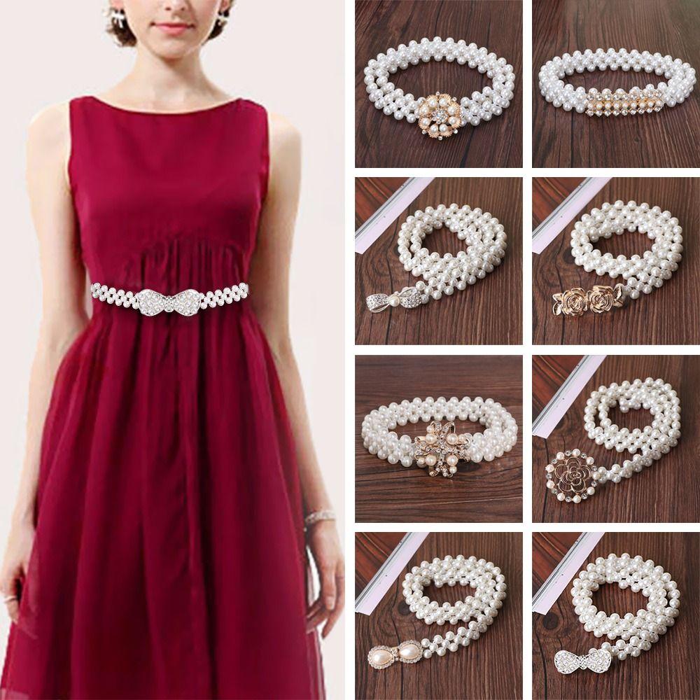 Ladies' Elastic Rhinestone Waist Chain Thin Drawstring Belt Fashion Pearl Waist Belt  For Women