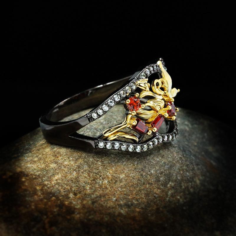 Inel Zircon Palat Bicolor Aur Negru Retro Floral Bijuterii Femei