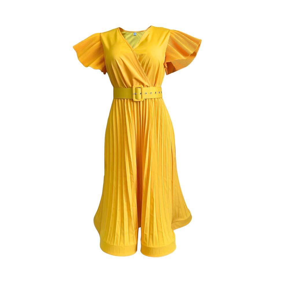 

Летнее платье D215 с V-образным вырезом, поясом и плиссировкой, больших размеров XXL жёлтый