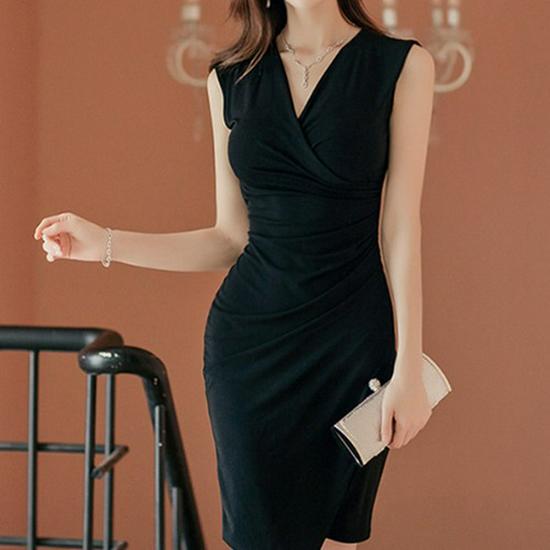 2023 Summer Korean Style Women s V-Neck Sleeveless Slim Fit Dress S чёрный