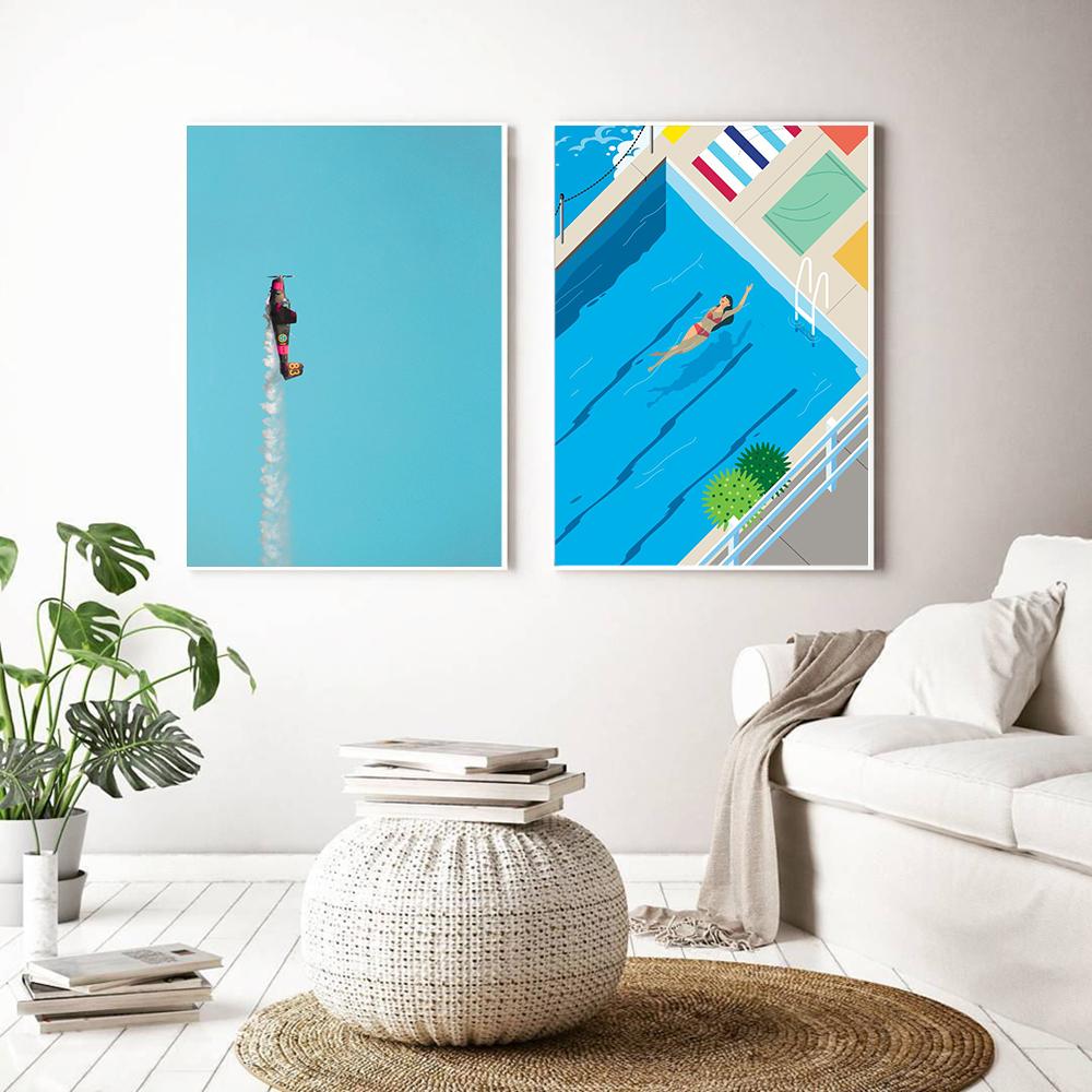 Nordisches abstraktes Wandkunstbild, Druck, Schwimmer-Leinwandgemälde in Schwimmbädern