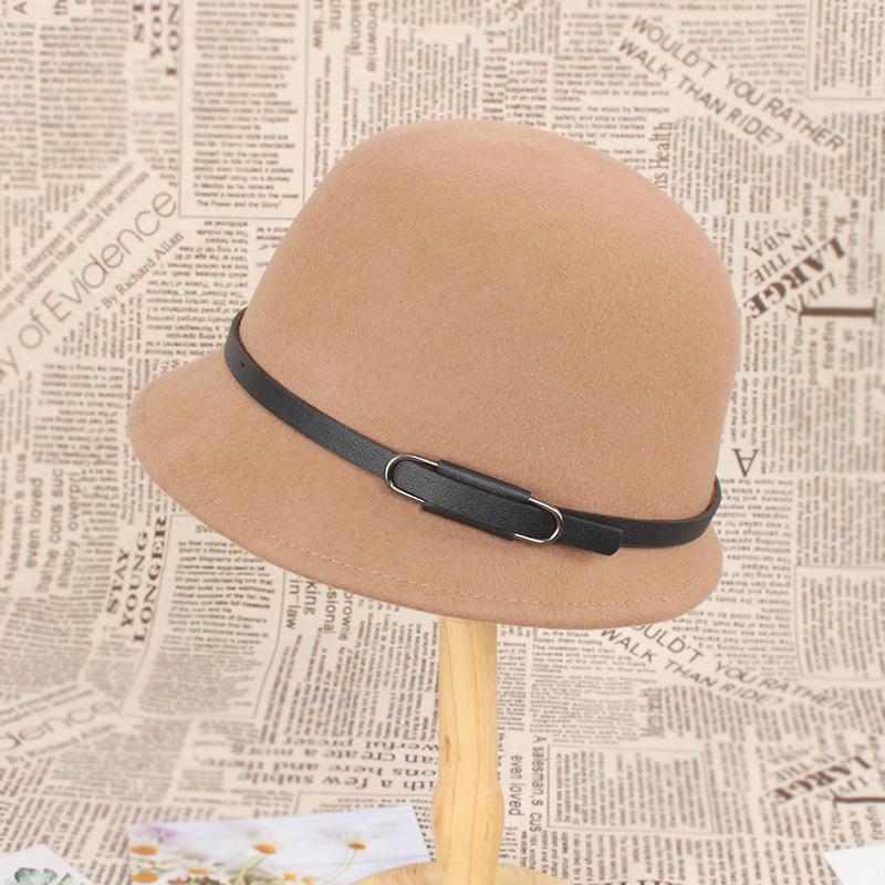 Autumn and winter wool woolen hat women's retro belt decoration multi-colored basin hat bucket hat wool felt hat