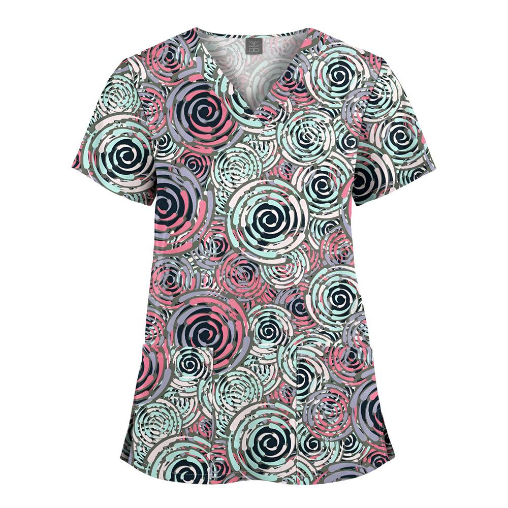 Quick-Drying Printed T-Shirt Short-Sleeved V-Neck Dental Oral Hand Wash Clothes Beauty Salon Pet Hospital Doctor Nurse Overalls