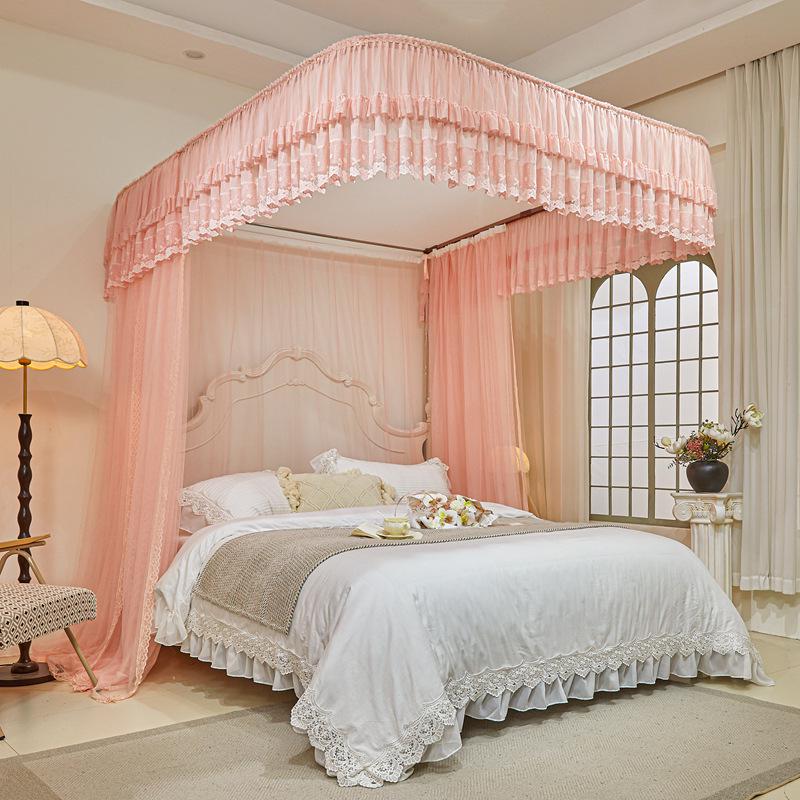 Double-layer Embroidered Lace Floor-length U-shaped Mosquito Net with Track System