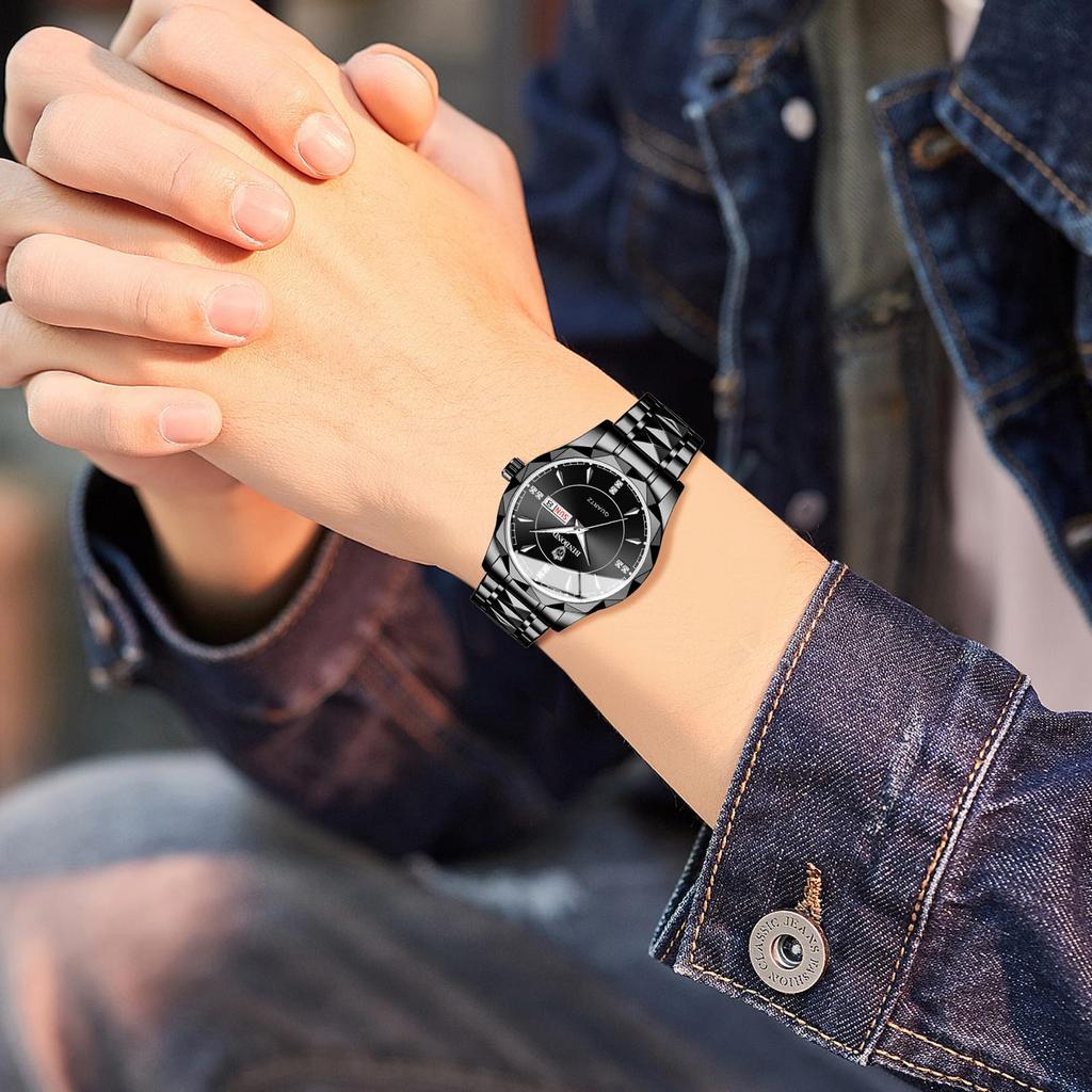 Uhr mit 3 ATM Wasserdichtigkeit, Leuchtzeigern, Analog, Edelstahl, Stilvoll, Quarz, Modeaccessoire, Perfektes Geschenk für oder Liebhaber, Herren, Kalender, Wasserdichtigkeit, Schwarzes Zifferblatt,