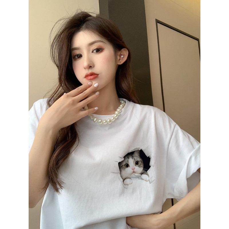 2024 New Fashion Pure Cotton Short Sleeve Cute Cat Print T-shirt Women Design Casual High Street American Retro Plus Size Top
