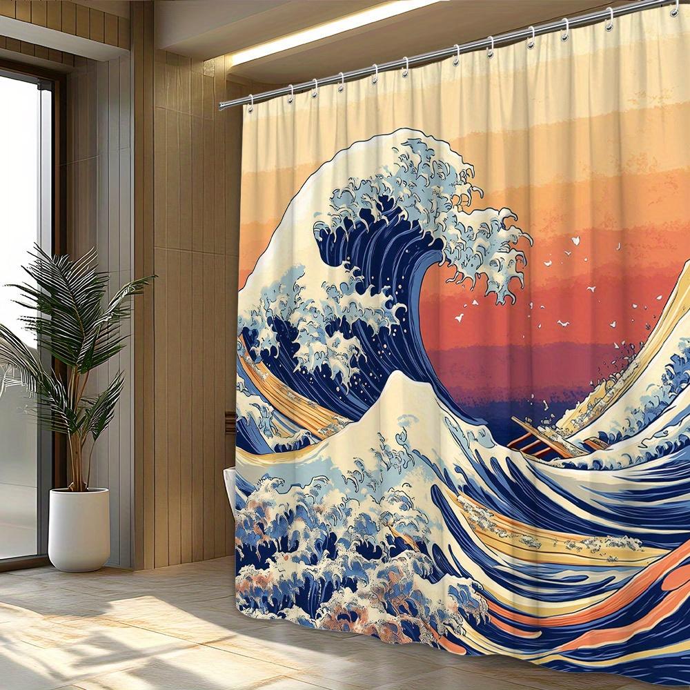 1 Piece Japanese Wave Shower Curtain with Powerful Ocean Wave Pattern, Orange Red Sky Ukiyo-e Style Polyester Fabric