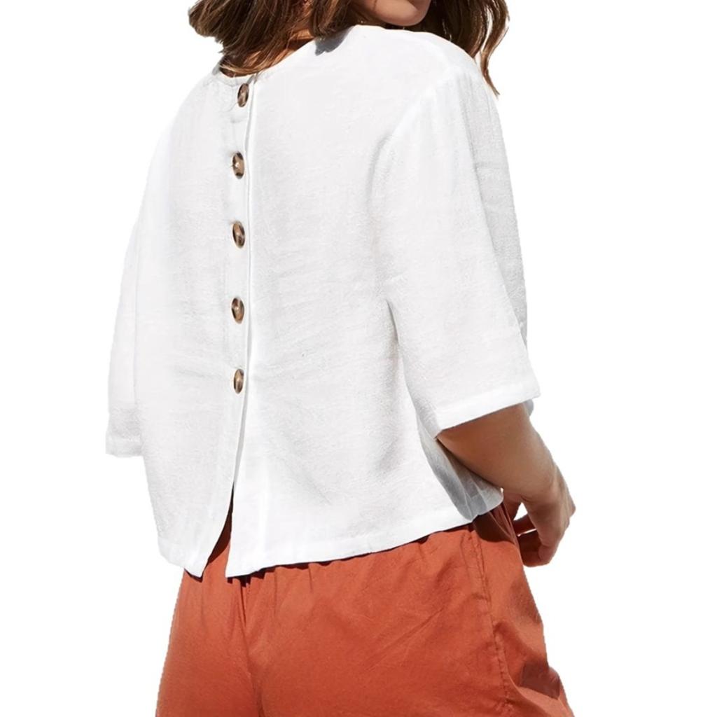 Top Camicia Bianca Bottoni Girocollo Larga Stile Etnico Retro Estivo per Donna Blusa Casual Crossbody Europeo Americano