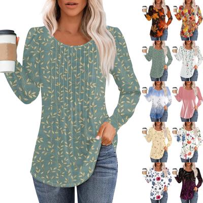 Long Sleeve Shirts For Women Tops Dressy Casual Blouses Pleated Scooped Neck Tunic Tops