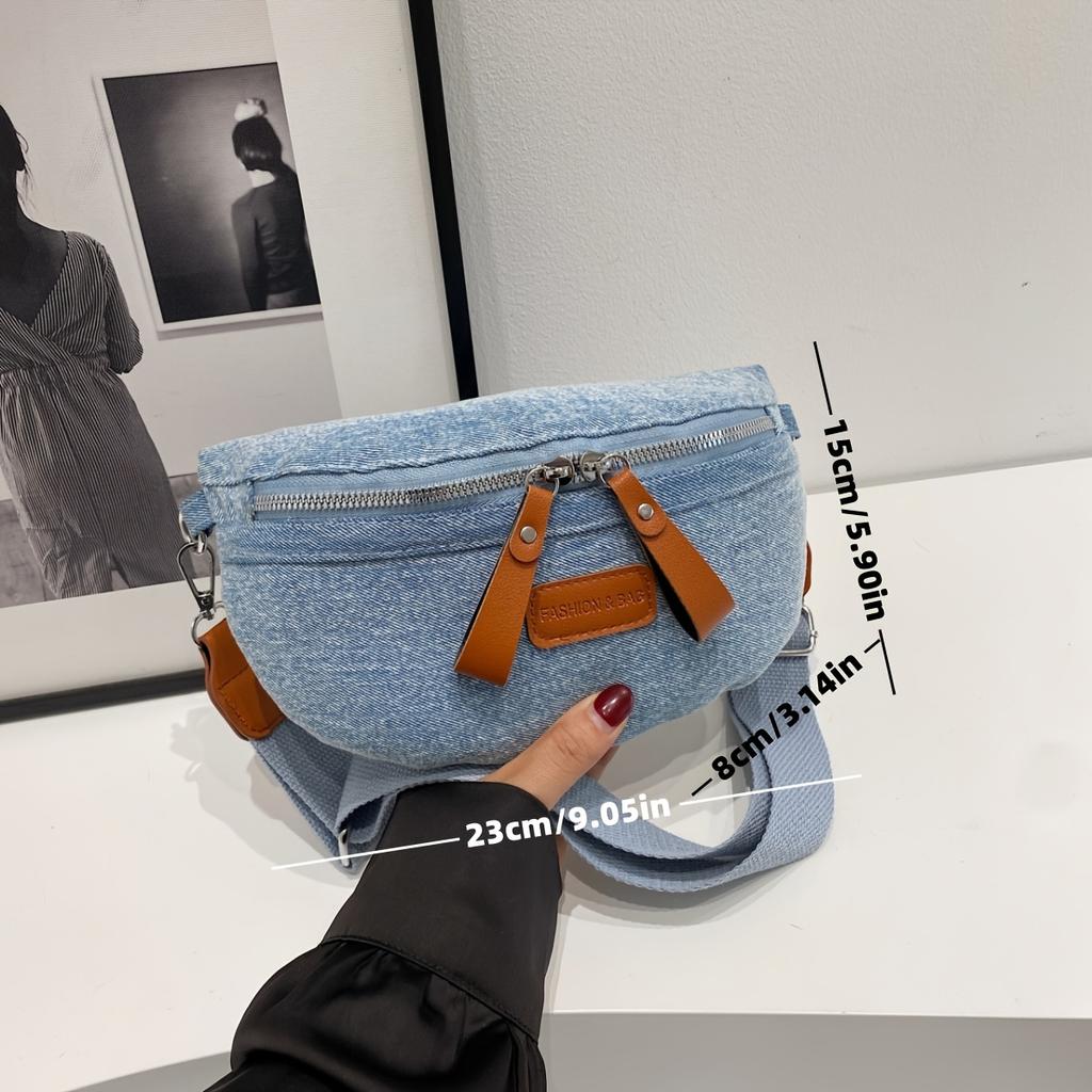 Vintage Denim Brusttasche für Damen Mode Vielseitige Reißverschluss Crossbody Bauchtasche mit Verstellbarem Breitem Schultergurt Stilvolle Outdoor-Hüfttasche
