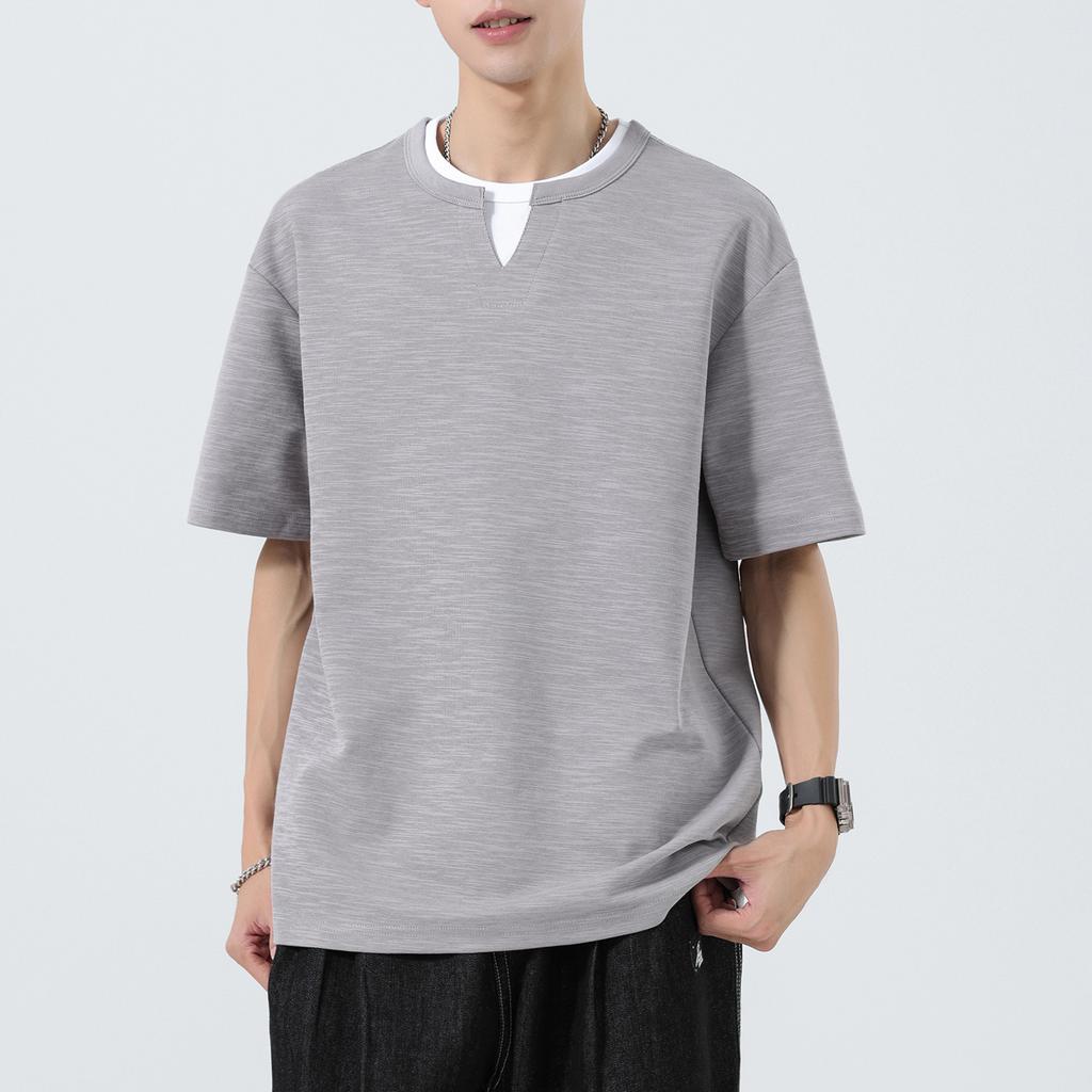 Men Fake Two Piece Notch Neck T Shirt Short Sleeve Loose Casual Textured Minimal Daily Summer Street Top