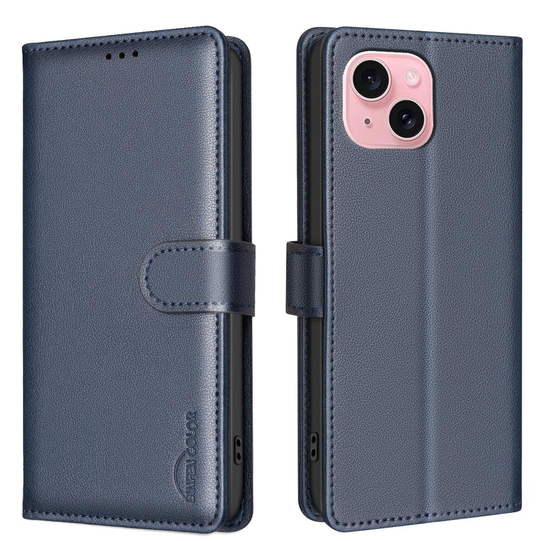

BINFEN COLOR BF32 For iPhone 15 Cell Phone Case Magnetic Clasp RFID Blocking Wallet Leather Cover Blue