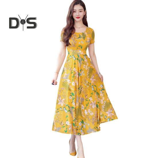 

Женское летнее платье с цветочным принтом, пляжное платье длиной до середины икры с узкой талией, короткими рукавами, круглым вырезом, платье А-силуэта для вечеринки в отпуске 2XL жёлтый