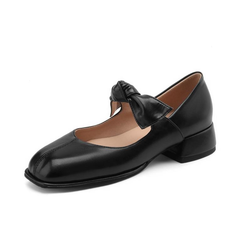 Fashion Women's New Spring and Autumn Round Head Elastic Strap Bow Middle Heel Large Mary Jane Retro Single Shoes