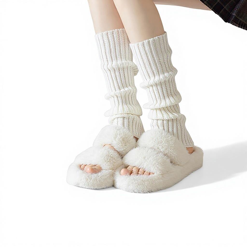 Autumn Winter Relaxed Lazy Warm Vinegar Fiber Knitted Letter Pattern Medium Thickness Socks White Calf Leg Sleeves Pile-up
