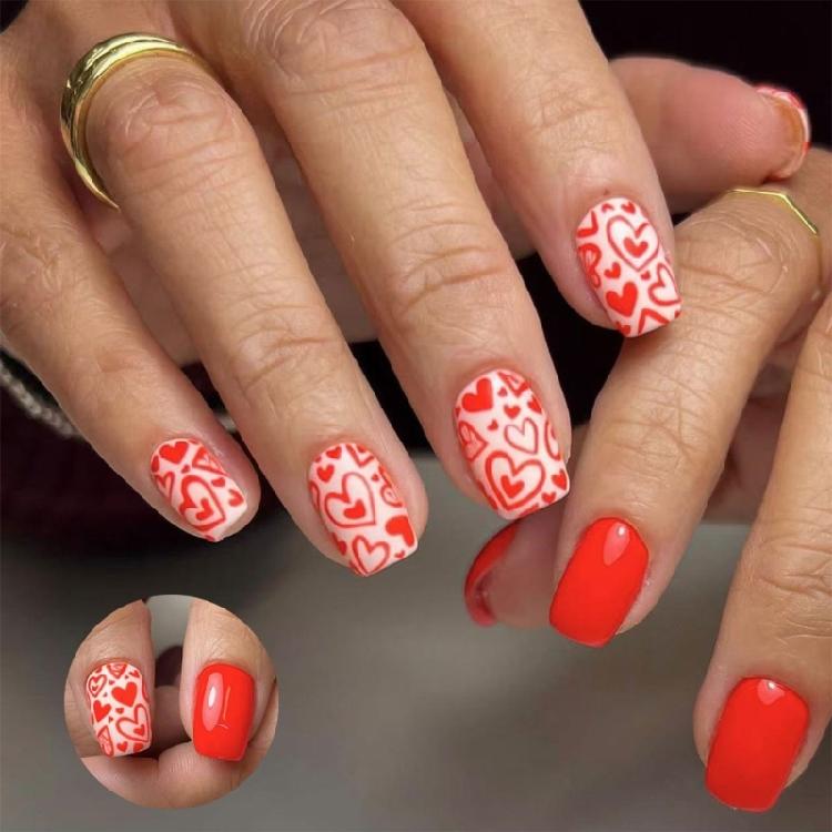

24pcs Stylish Valentine s Day Press on Nail with Heart Designs Short Square False Nail For Weddings Proms And Parties 1