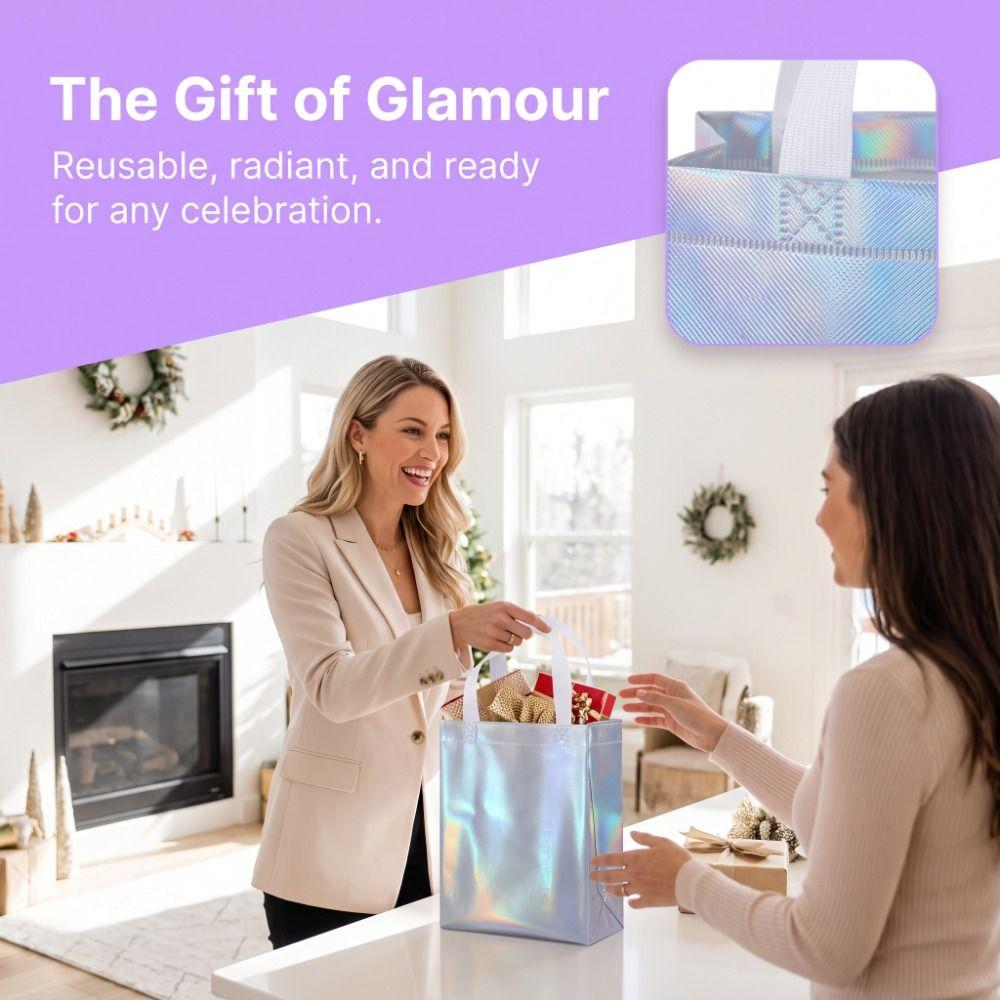 10Pcs Iridescent Holographic Gift Bags with Handles Rainbow Color Shopping Bags Non-Woven Reusable Party Favor Bags Christmas