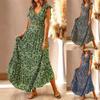 Cuello en V, manga corta, jersey, traje floral, falda larga con cintura estrecha