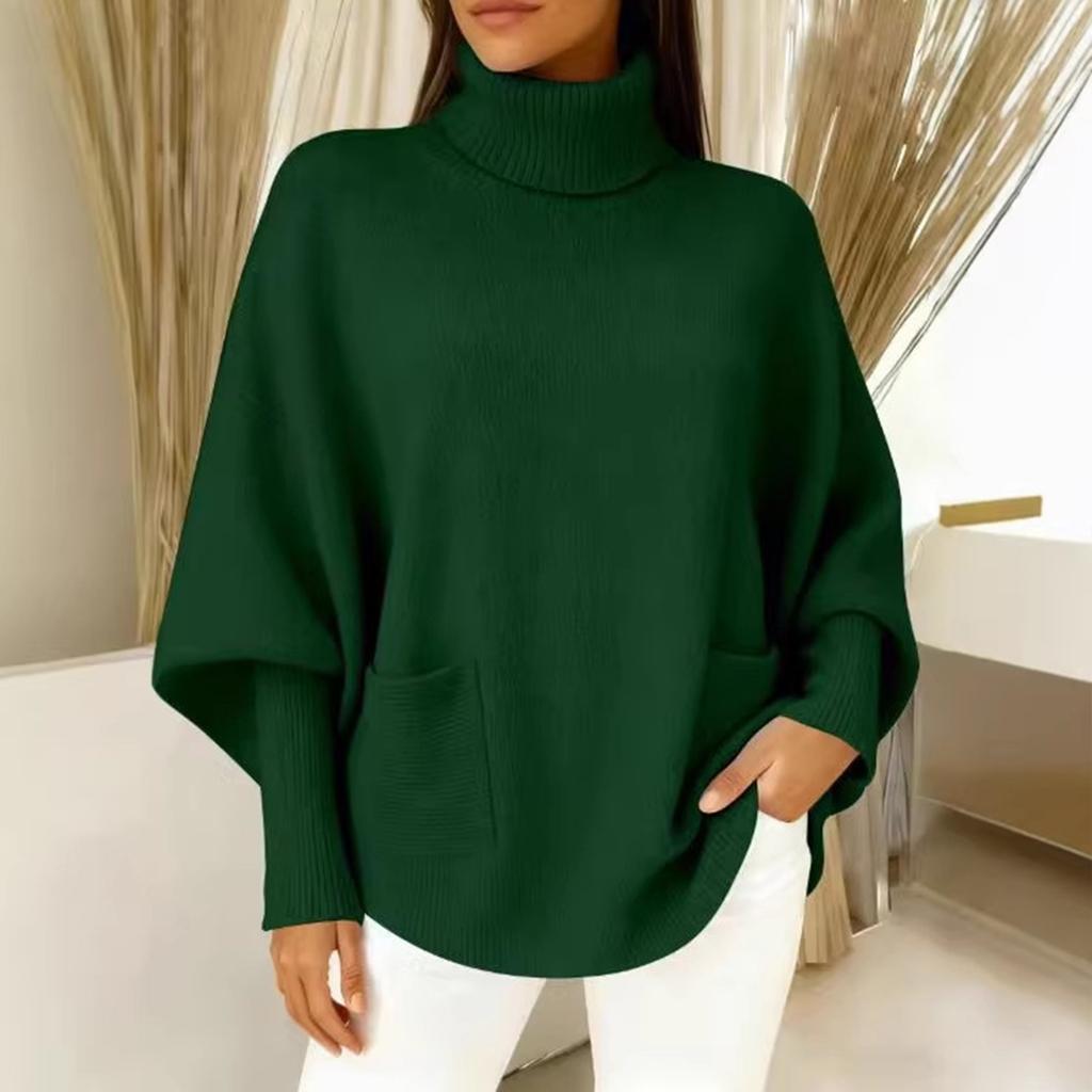 Damski modny sweter z golfem w kolorze, luźny krój, casualowy top dzianinowy