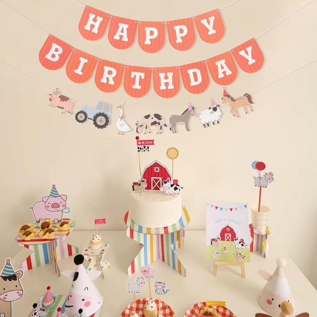 Farm Happy Birthday Banner - Kids Farmyard Birthday Party Decorations, Farm Animals Party Supplies, Happy Birthday Banner with Tractor, Farm Theme