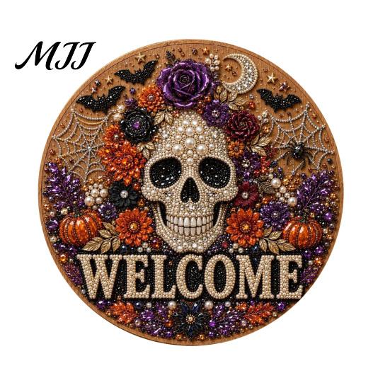 Cat Welcome Sign Kit Halloween Faux Pearl Door Kit, Ghost Skull Skeleton Crafts Handmade Painting Arts for Wall Decoration DIY Art