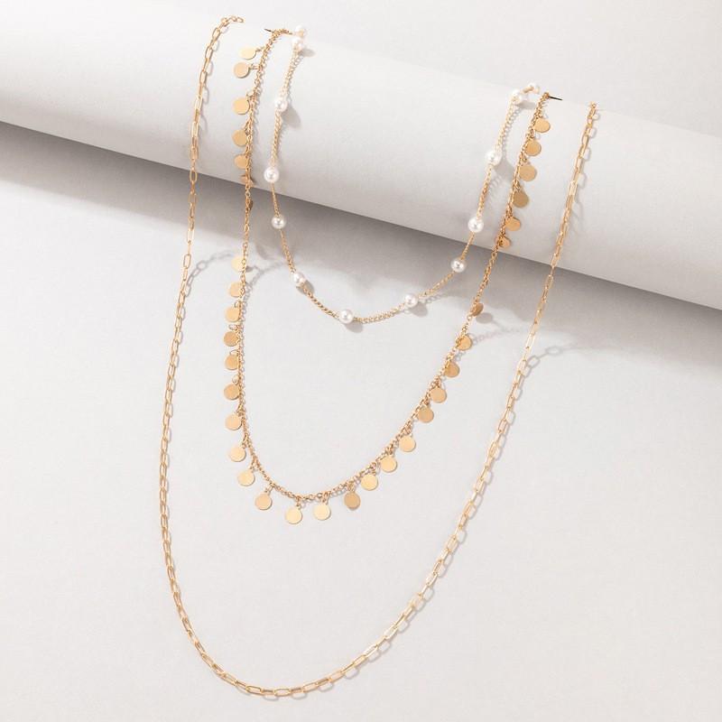 Geometric Cross Strand Pearl Neck Chain Accessories, Simple Multi-Layer Metal Sequin Pendant Necklace