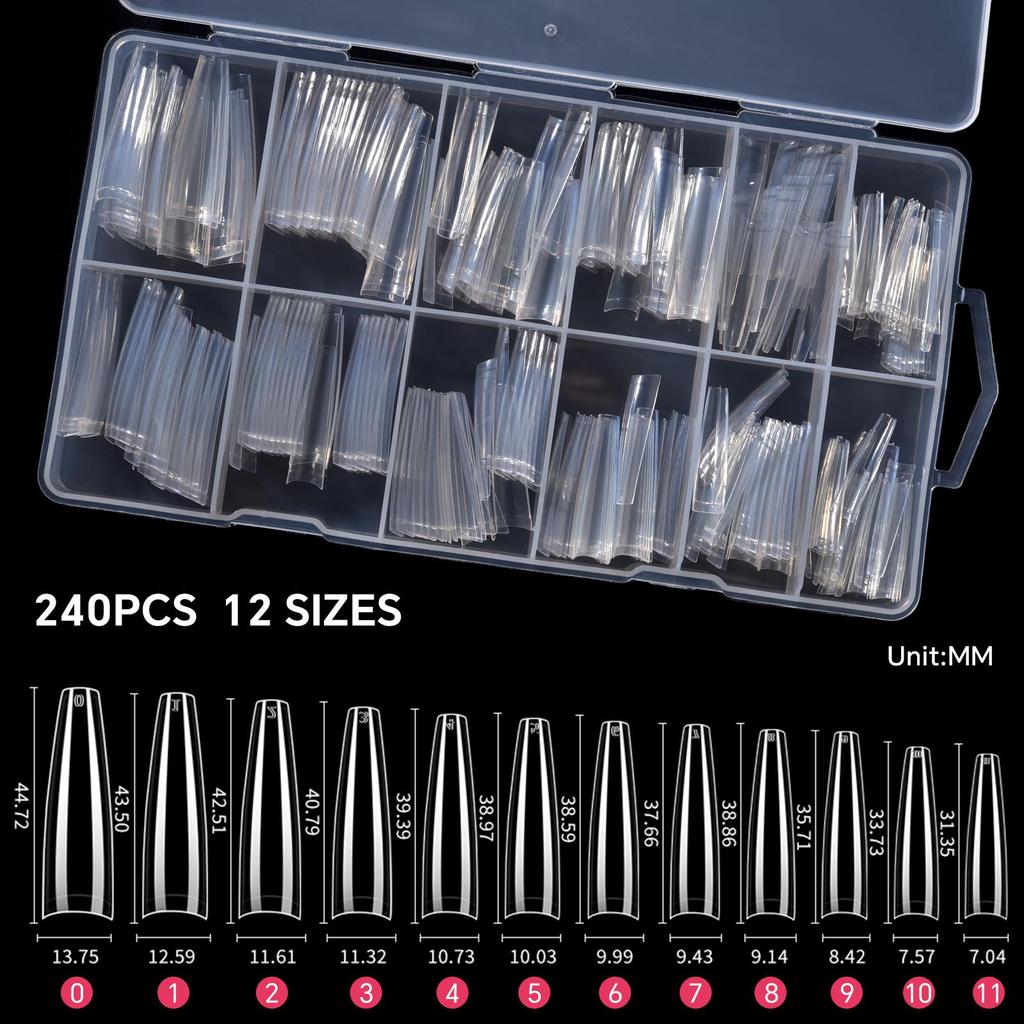 240PCS/Box False Nail Tips Square Straight Extra Long Half Cover Nails Clear/Natural Acrylic Fake Nails Extension Manicure Salon