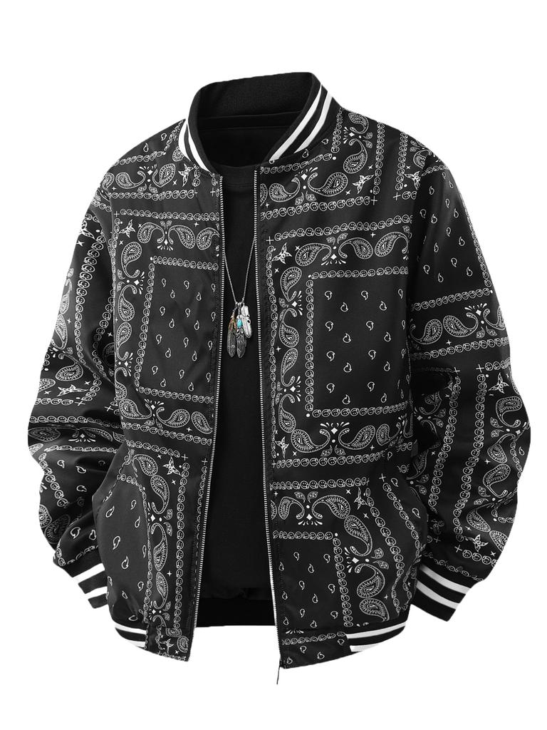 Herren Schwarze Trainingsjacke mit Paisley-Print und Kontraststreifen mit Reißverschluss