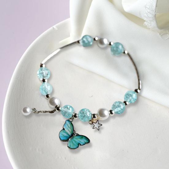 

Женский браслет в стиле ретро, ​​темперамент, декоративные эластичные ювелирные изделия из бисера, подарки, гальваника, изысканная подвеска-бабочка, искусственная