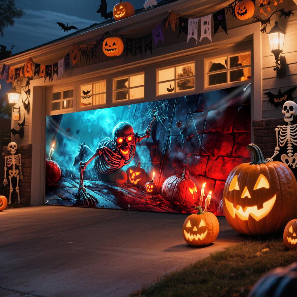 One large-sized Halloween skull scary pumpkin spider and spider web garage door decoration.PMJ