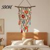 Rustic Home Decoration Bohemian Crochet Flower Hanging Tapestry, Handmade Tassels Decor with Wooden Stick, Living Room Bedroom Wall Art