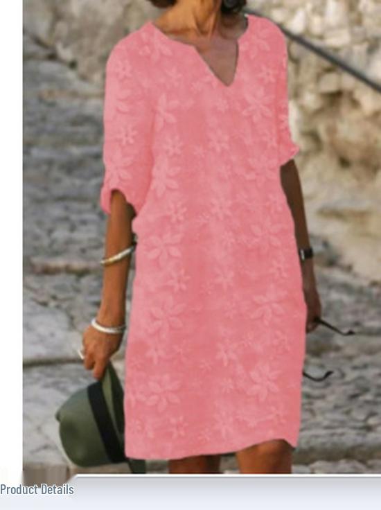 2024 Elegant European & American V-Neck Mesh Embroidered Five-Sleeve Dress