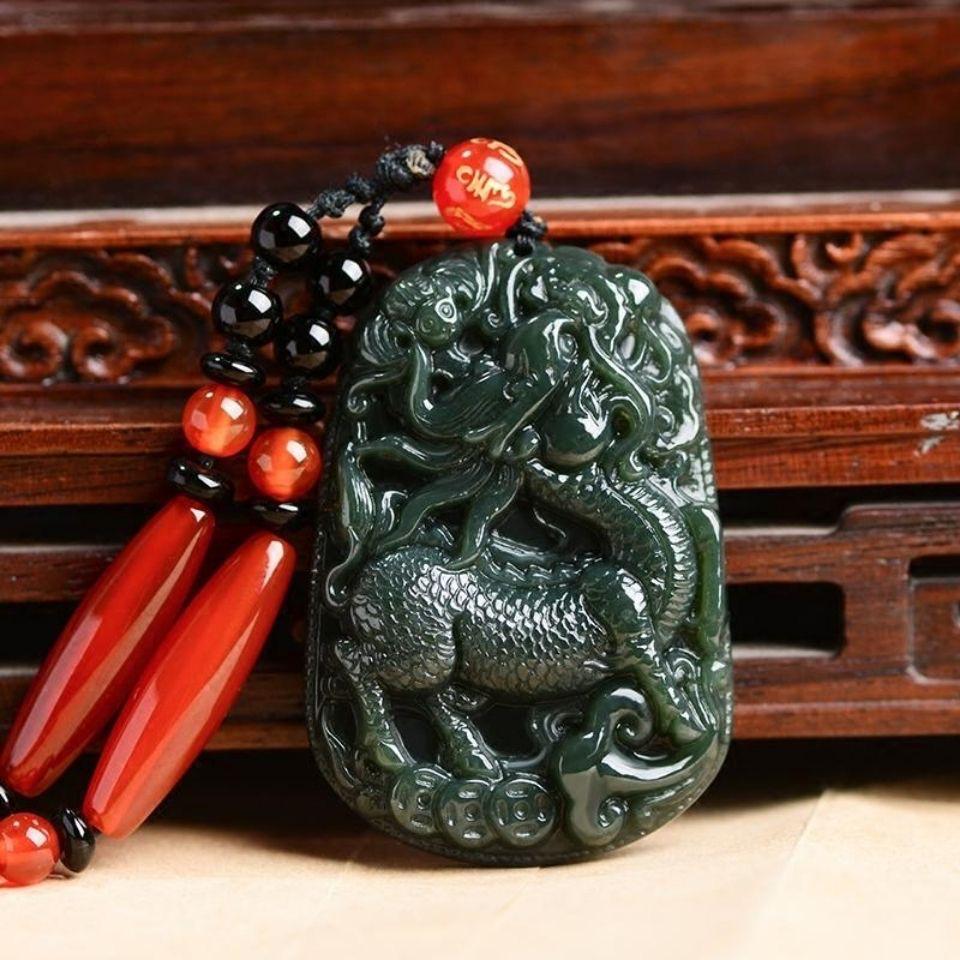 

Xinjiang Hetian Green-Black Jade Qilin Pendant Necklace for Men and Women