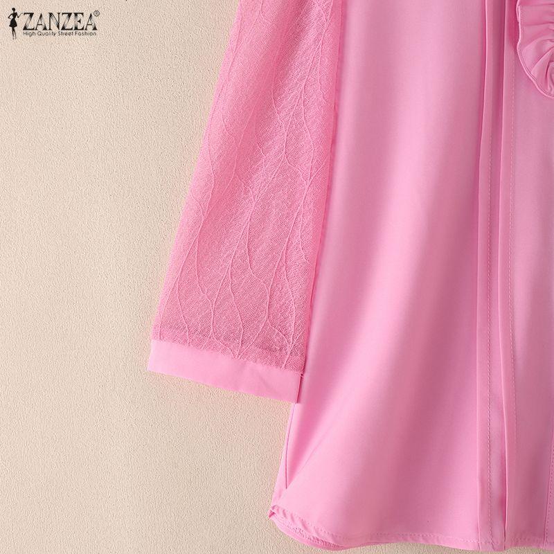 ZANZEA Blusa Casual para Mujer con Cuello Solapa, Encaje y Mangas 3/4