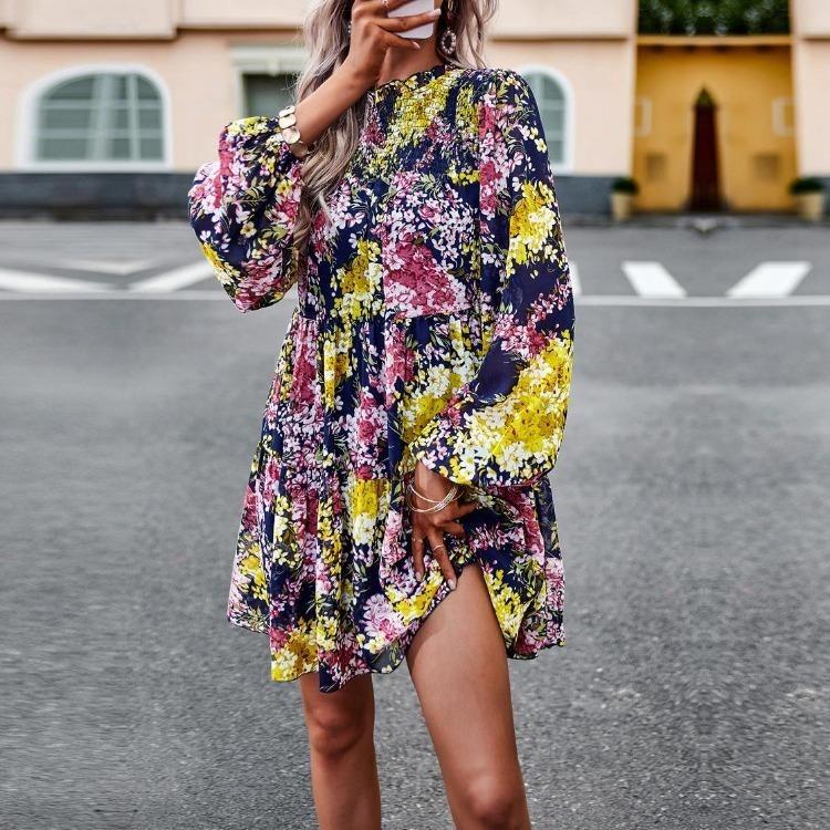 Floral Printed Casual Dress for Women Loose Fit O Neck All Match Long Sleeve