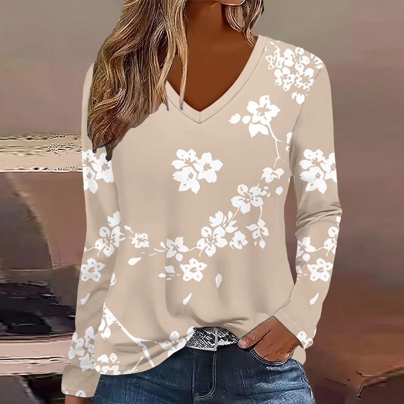 Fashion Flower pattern 3D Print Women V-Neck Long Sleeve T-Shirt Casual Polyester Breathable Women's Clothing Apparel Tops Tees