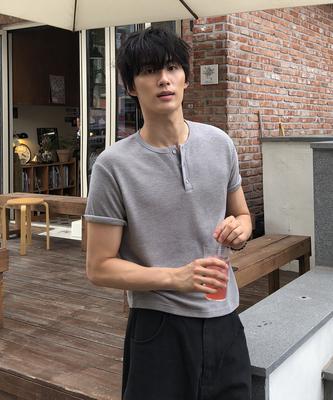 Dei Semi-Crop Henley Neck Waffle Short Sleeve T-Shirt_4 Color