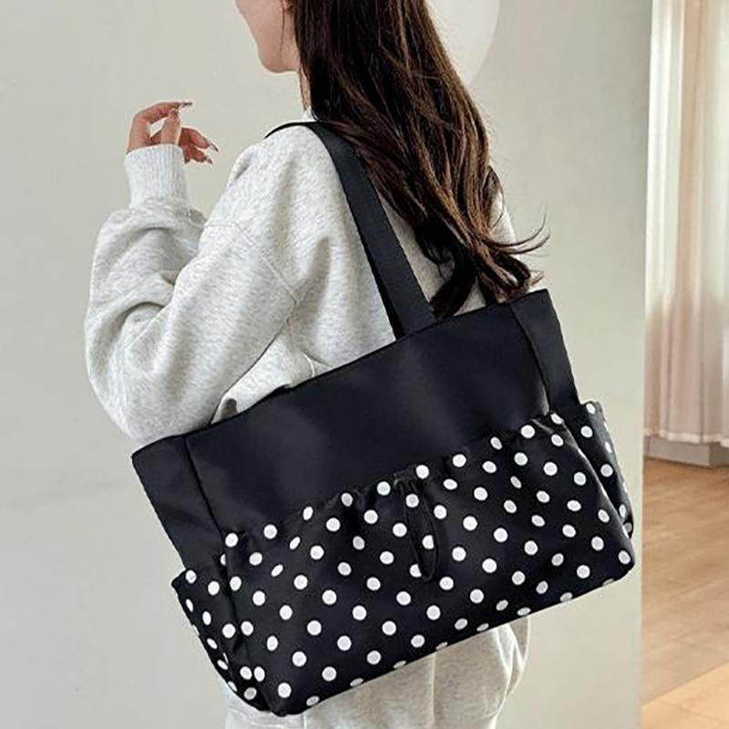 Polka Dot Large Capacity Tote Bag For Women Nylon Material Drawstring Closure Hobo Bag Underarm Shoulder Bag Lightweight Handbag