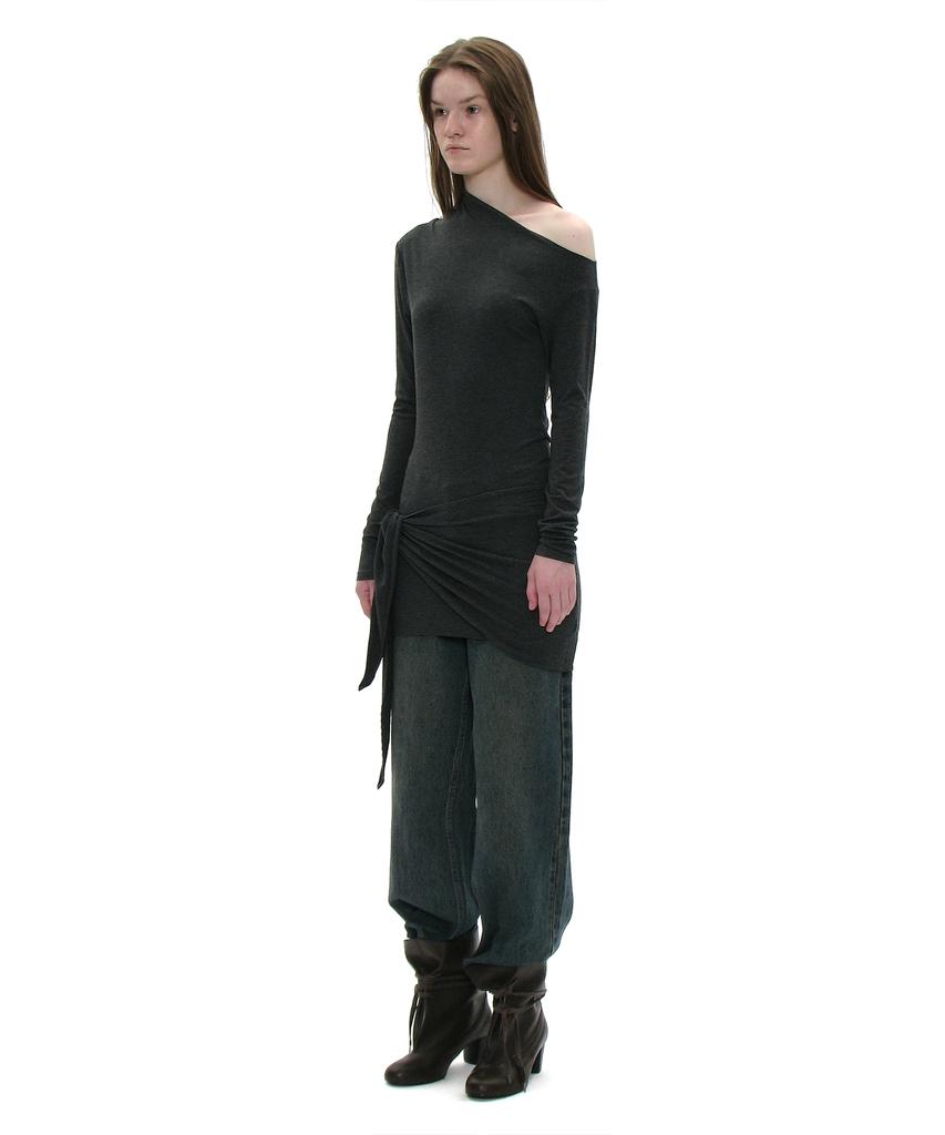 PARTIMENTO WOMEN Pwc Asymmetrical Bow Tie Wrap Jersey Top_Charcoal Melange