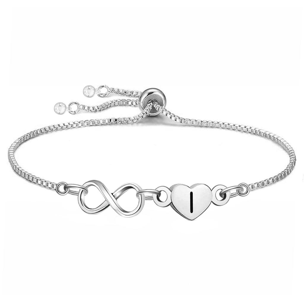 Stainless Steel Infinity Heart Initial Letter Bracelet Adjustable Slider Box Chain Bracelet for Women