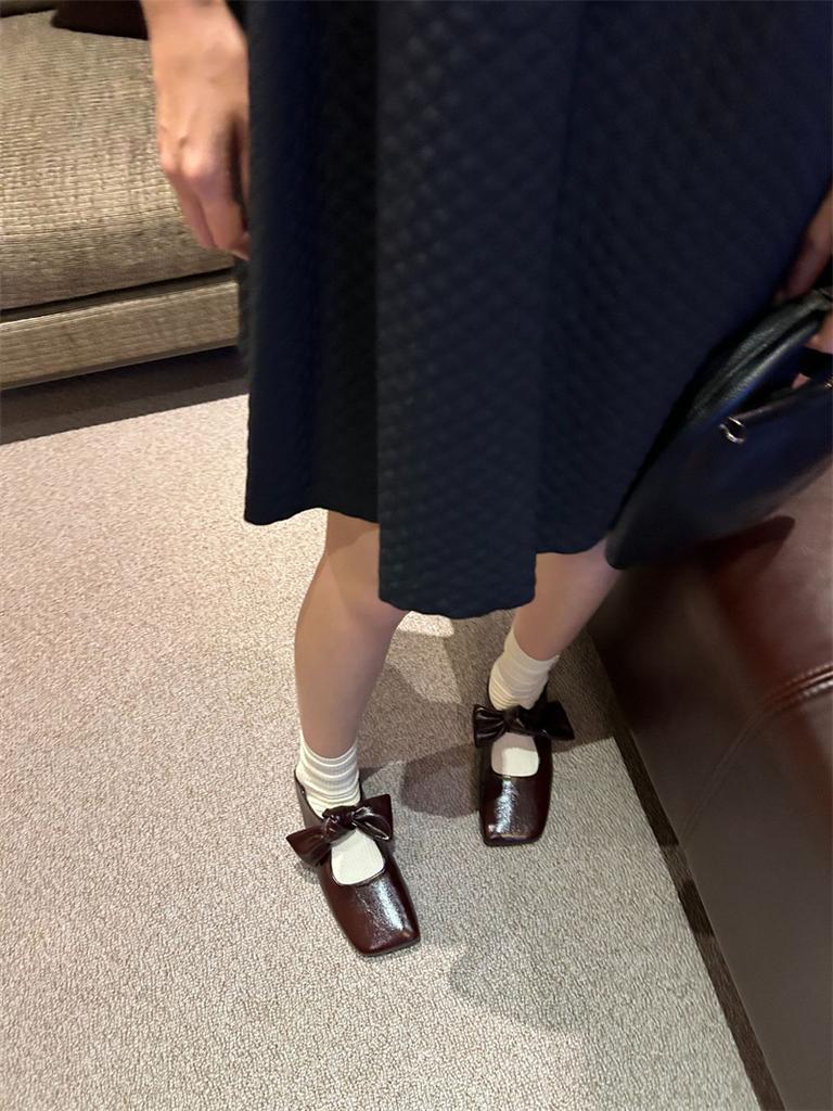 Fashion IPPEUM Women Elegant Leather Mary Jane With Square Toe With Bow Brown Ballet Flats