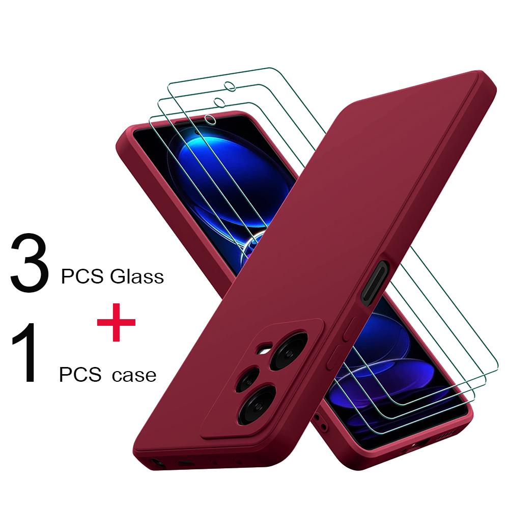 

4 в 1 3 * Закаленное стекло 1 * Жидкий силиконовый чехол XiaoMi RedMi Note 11 11s 10 10s 12 4G Pro Plus 5G 10A 12C 9A 9C Мягкая защитная пленка для экрана Роскошная RedMi 12C белый