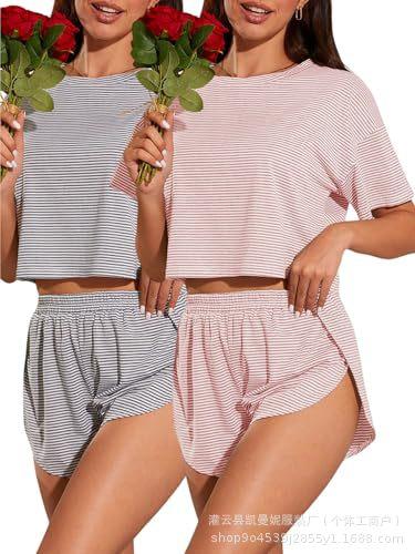 Women's Summer Pajamas Two-piece Set Striped Short Sleeve T-Shirt Split Shorts Loungewear