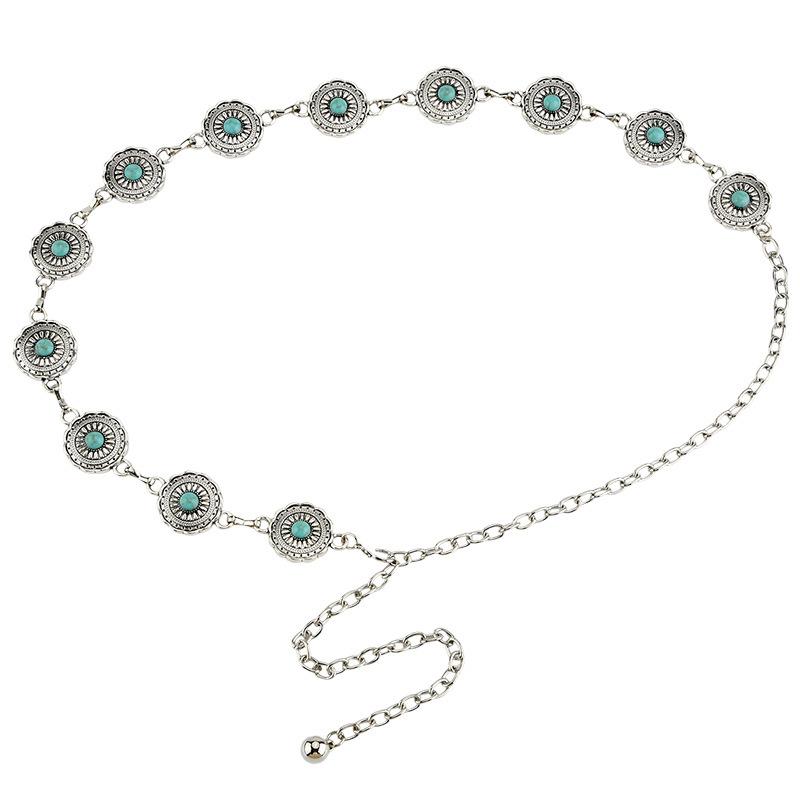 Retro Turquoise Metal Waist Chain Ladies Ethnic Style Body Chain Bohemian Women's Belt