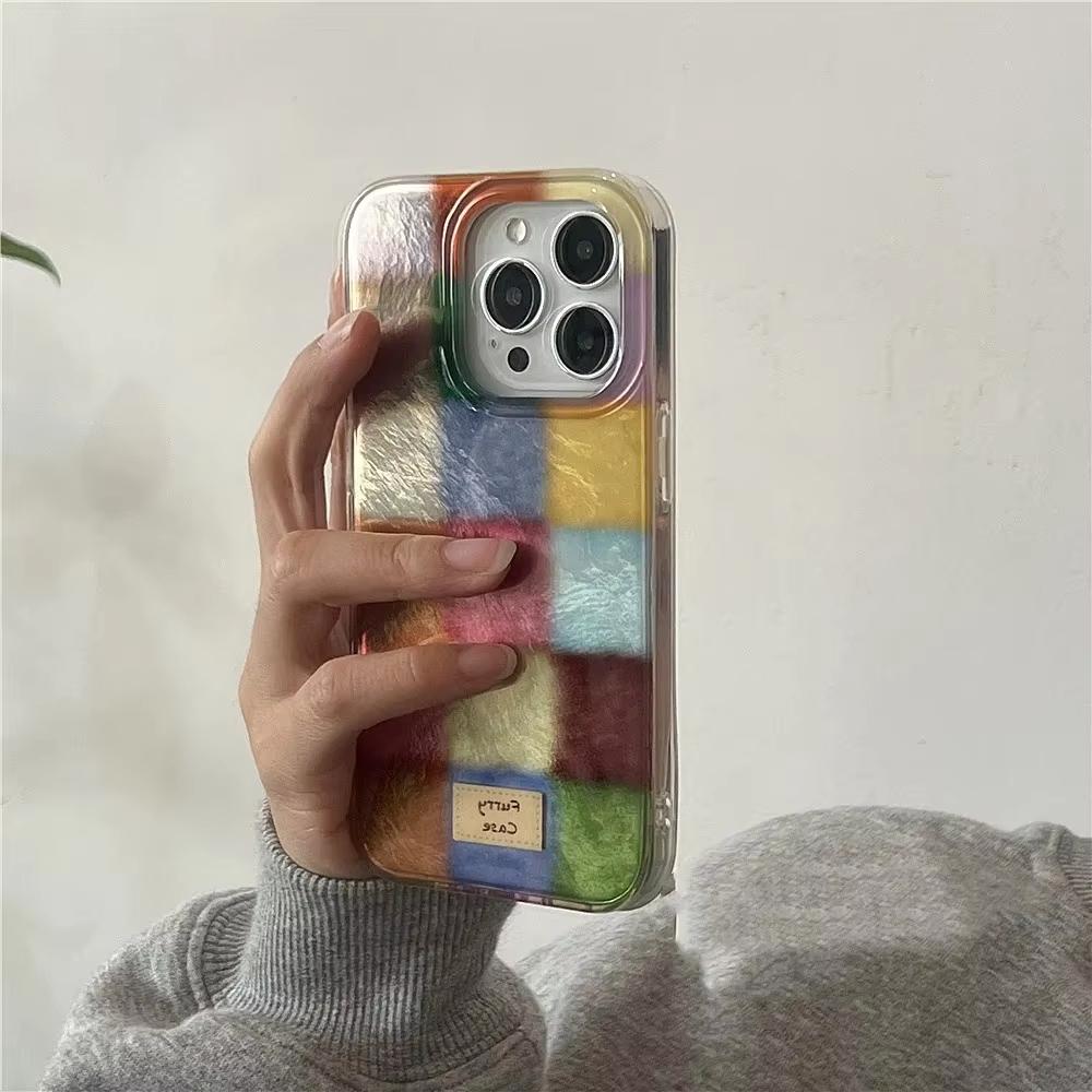 Roztomilý Doplňkový Barevný Blok Odpovídající Kostkované Průhledné Pouzdro Pro iPhone 16 15 14 13 12 11 Pro Max XS XR X SE 7 8 Plus Kostkovaný Měkký Kryt