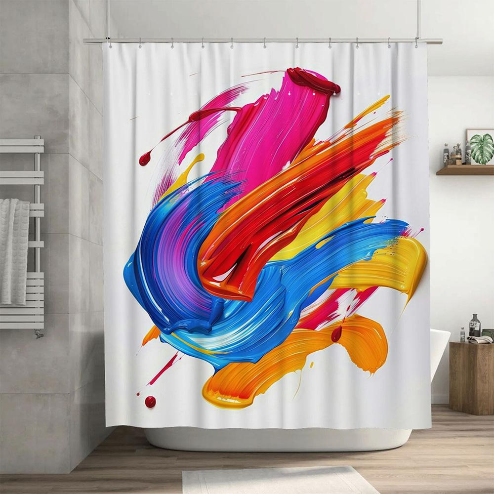 Colorful Brushstrokes Shower Curtain Waterproof Fabric Decor For Bathroom With Rings Set