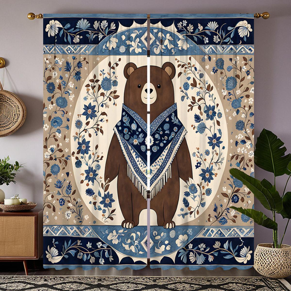 

2 шт. HD национальный ветер цветочный медведь декоративная занавеска синяя цифровая печать занавеска украшение дома стиль украшение гостиная W52H63inchW132H160cm